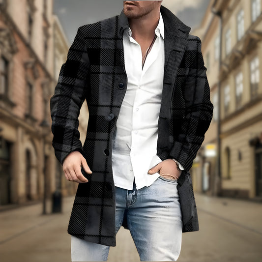 Herren Winterjacke als lange Daunenjacke mit Karomuster - schwarz
