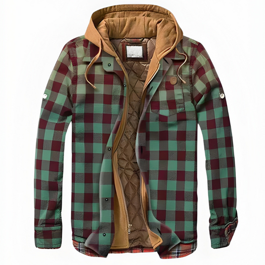 Herren Winterjacke mit Kapuze im Karomuster - minz-grün