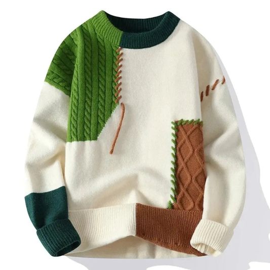 Pullover Herren Strick mit Patchwork Design - grün-braun