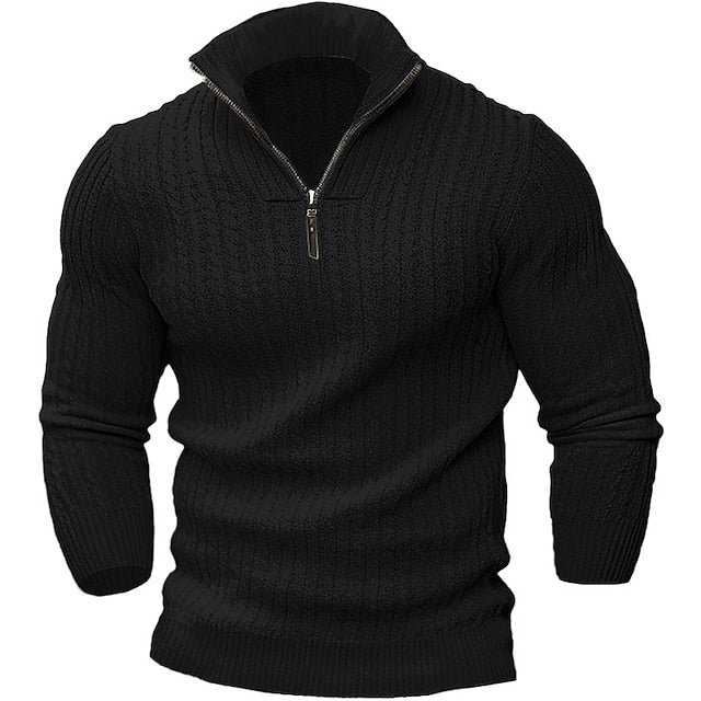 Herren Strickshirt mit Half-Zip-Kragen und Strukturmuster - schwarz