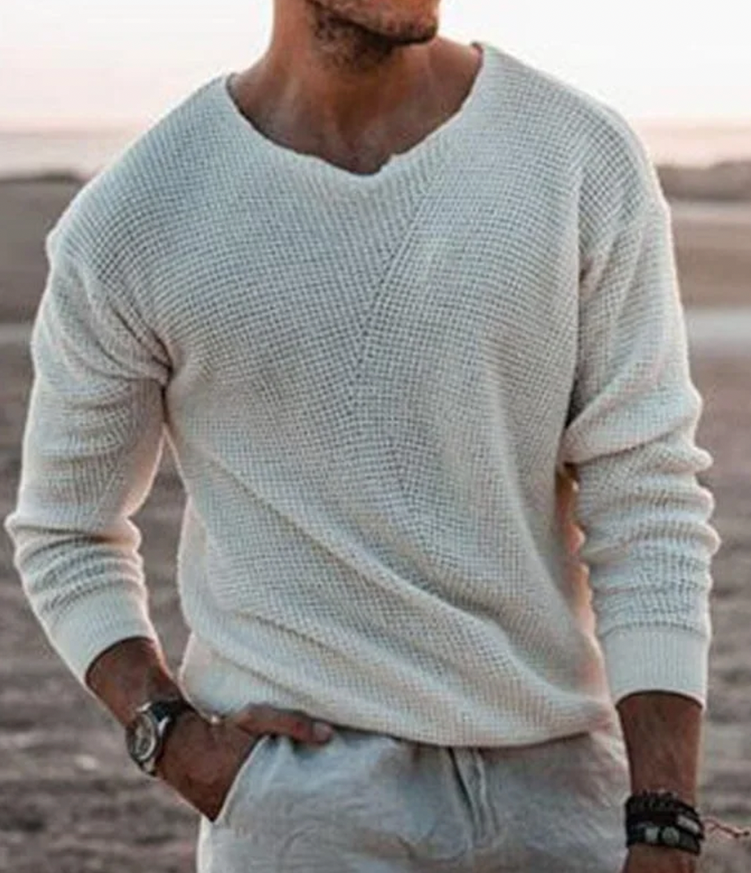 Herren Pullover aus Strick mit V-Ausschnitt - weiß