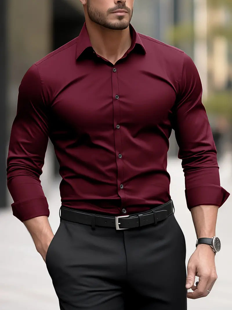 Herren Hemd Slim Fit mit langen Ärmeln und Knöpfen - rot