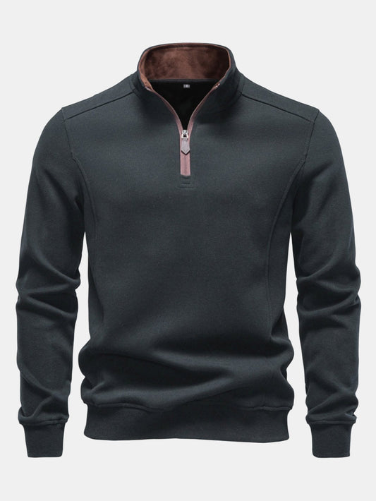 Herren Baumwollmischung Viertel-Reißverschluss Sweatshirt in dunkelgrau, Stehkragen
