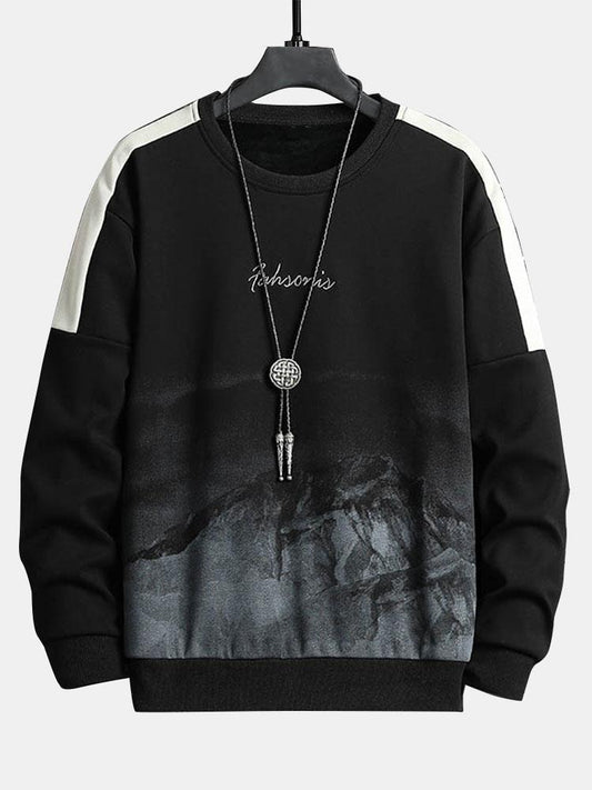 Herren Berglandschaft Grafik Sweatshirt – Relaxed Fit Casual Pullover - Schwarz
