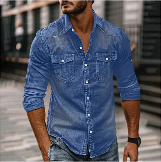 Herren Denim Hemd in blau, Slim Fit mit Druckknöpfen
