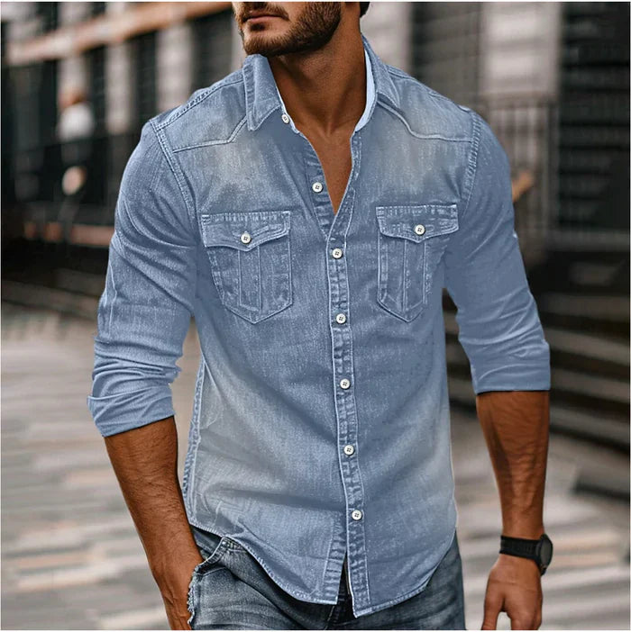Herren Denim Hemd in hellblau, Slim Fit mit Druckknöpfen
