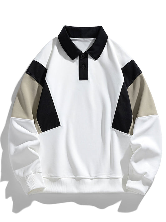 Herren Farbblock Polokragen Sweatshirt – Entspannte Passform - Weiß