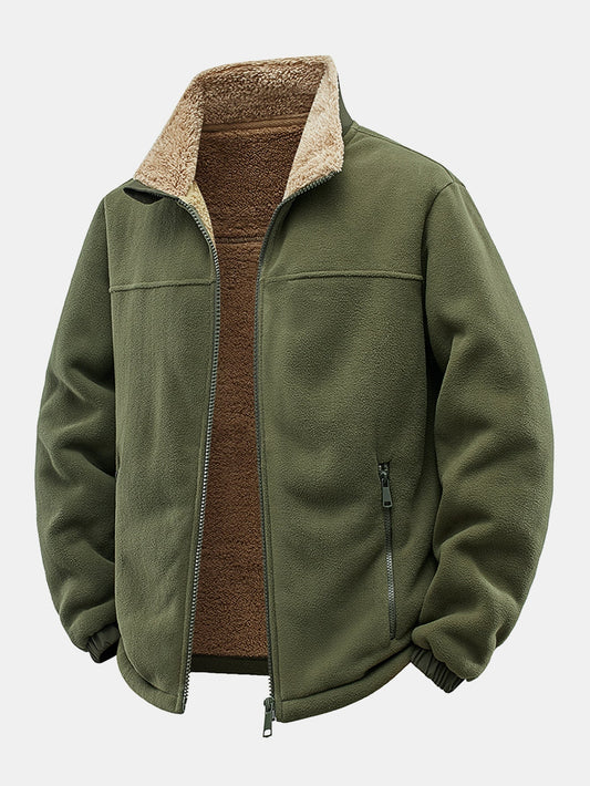Herren Fleece-Jacke mit Teddyfutter und Stehkragen – Entspannte Passfo - Olivgrün
