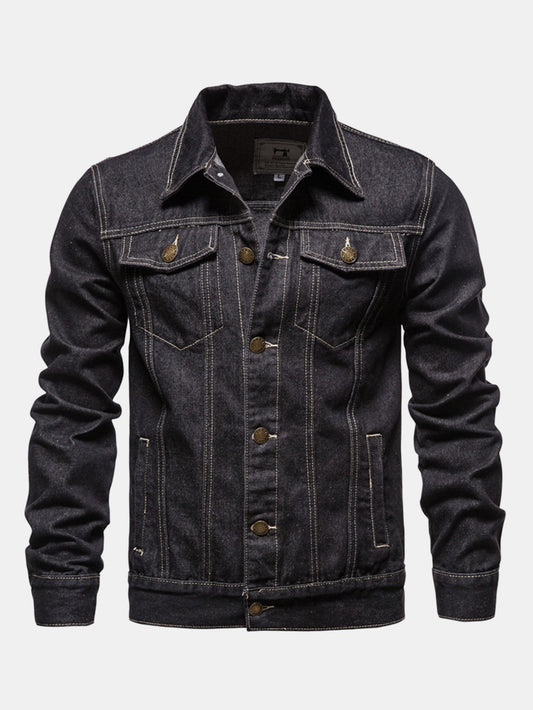 Herren Klassische Washed Denim Trucker Jacke – Regular Fit Baumwolle - Schwarz