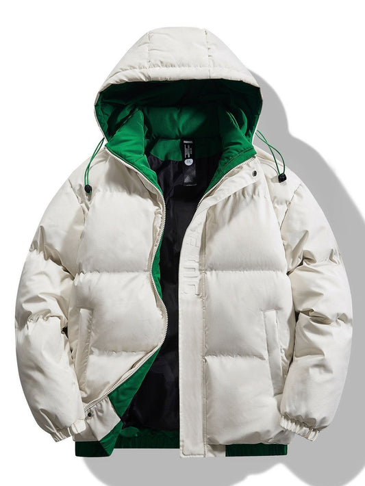 Herren Kontrast Steppjacke mit Kapuze – Warme Winterjacke mit grünem F - Beige