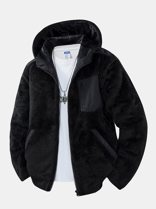Herren Plüsch Fleece Kapuzenjacke mit Reißverschluss in schwarz, Entspannte Pass