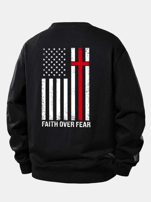 Herren Slogan-Sweatshirt Faith Over Fear – Relaxed Fit Rundhals - Schwarz