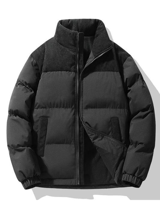 Herren Steppjacke mit Kordpaneelen und Stehkragen – Casual Winterjacke - Schwarz