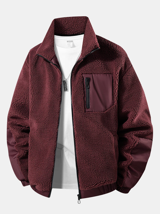 Herren Teddy Fleece Jacke mit Reißverschluss in weinrot, Warme Casual Jacke