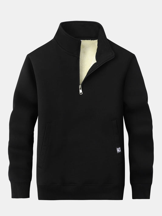 Herren Teddy-Fleece Troyer – Wärmender Baumwollmix mit Stehkragen - Schwarz