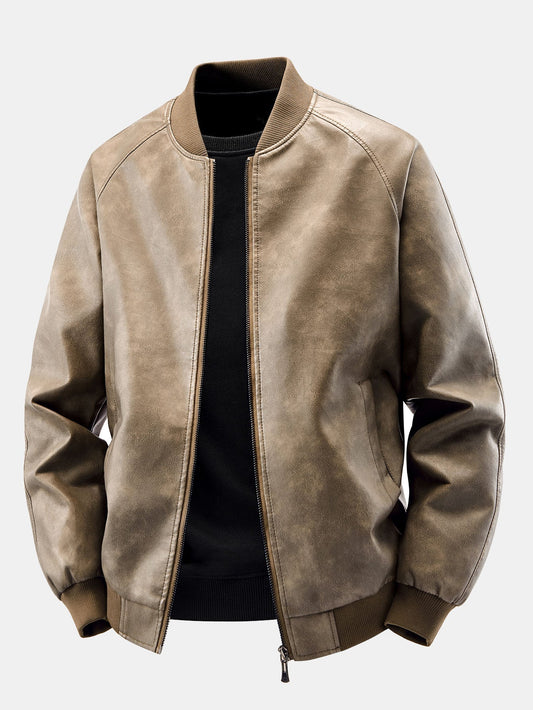 Herren Vintage Washed Kunstleder Bomberjacke in taupe, Entspannte Passform