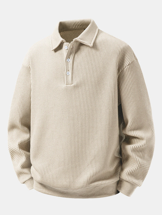 Herren Waffelpiqué Poloshirt mit Knopfkragen – Relaxed Fit Langarm - Beige