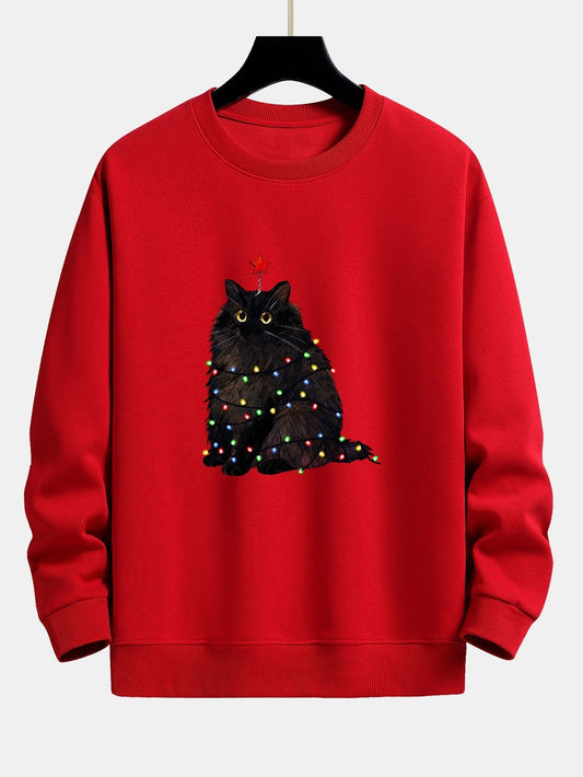 Herren Weihnachtskatzen-Sweatshirt – Entspannte Passform mit Festliche - Rot