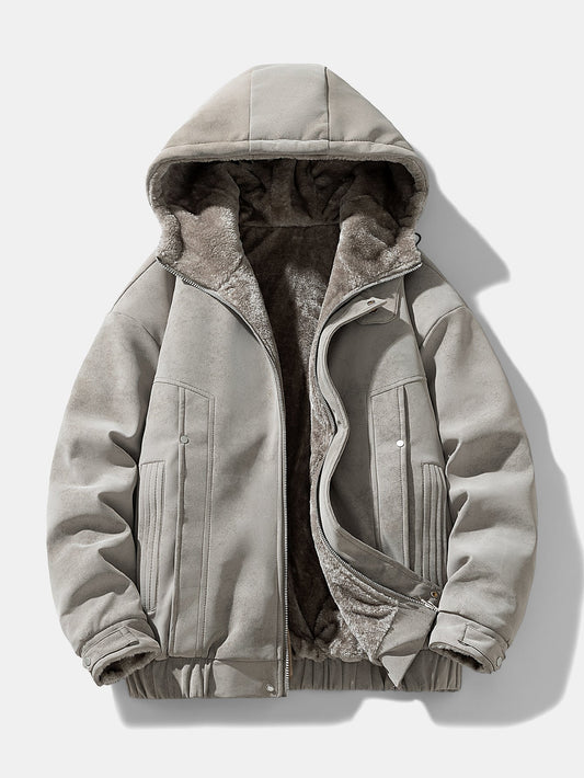 Herren Wildleder-Kapuzenjacke mit Teddy-Fleece – Entspannte Passform - Grau