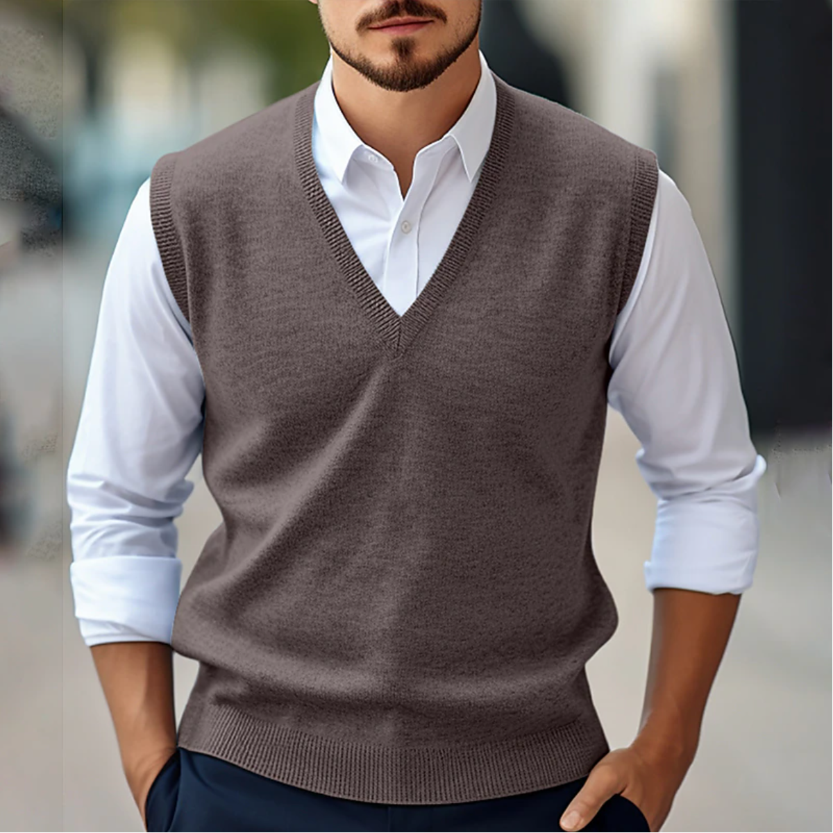 Herren Pullover ohne Ärmel mit V-Ausschnitt - braun