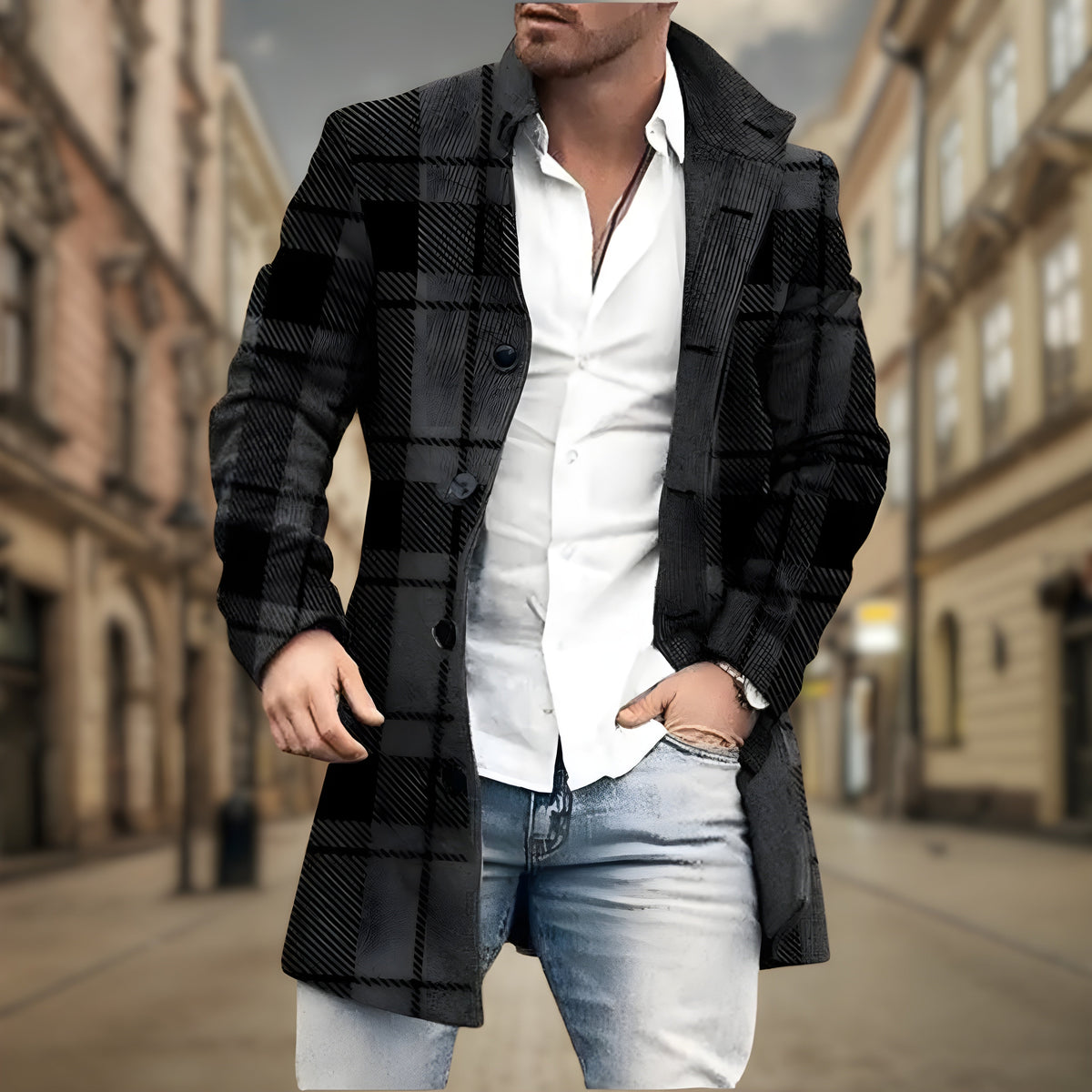 Herren Winterjacke als lange Daunenjacke mit Karomuster - schwarz