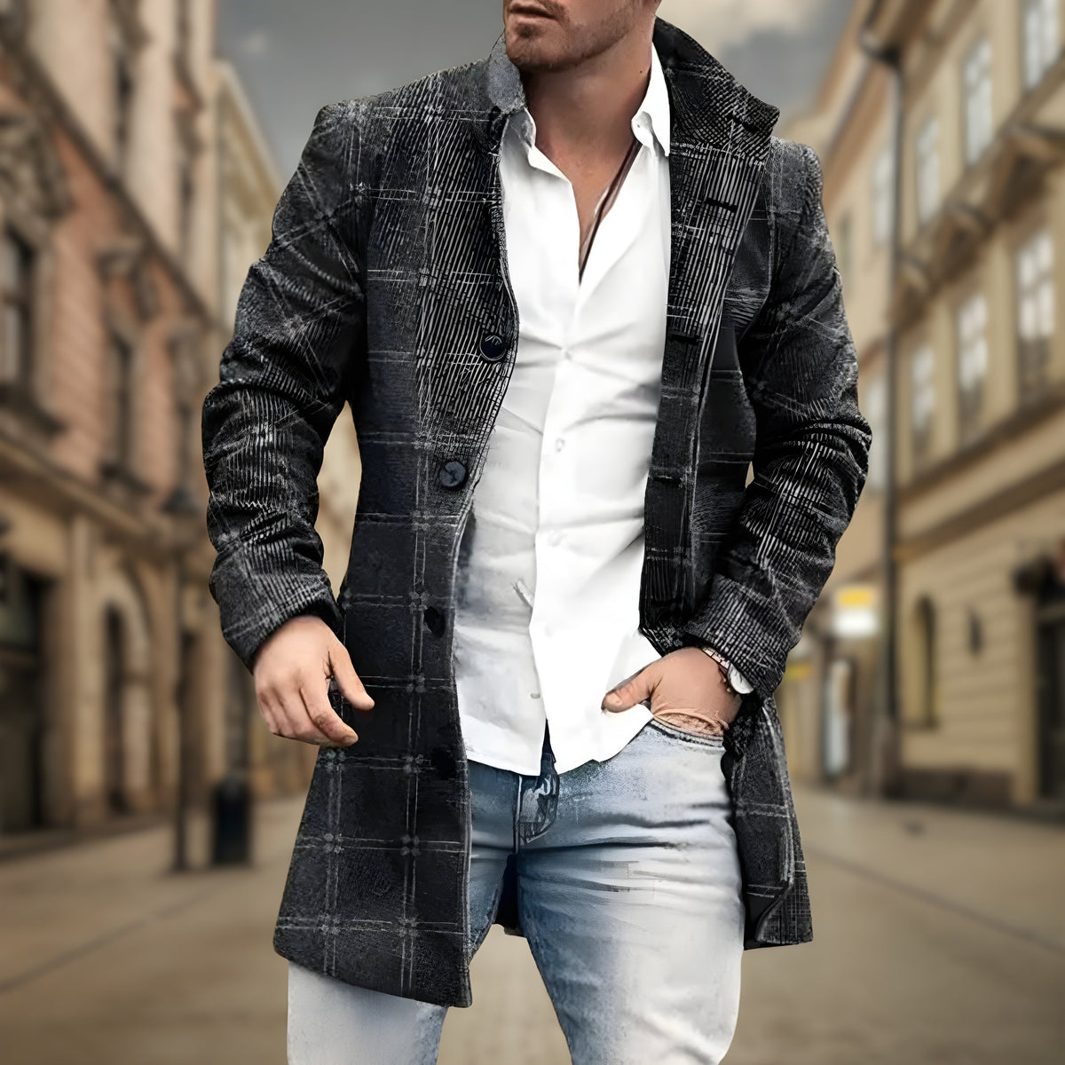 Herren Winterjacke als lange Daunenjacke mit Karomuster - grau-schwarz