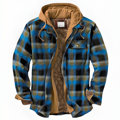Herren Winterjacke mit Kapuze im Karomuster - blau
