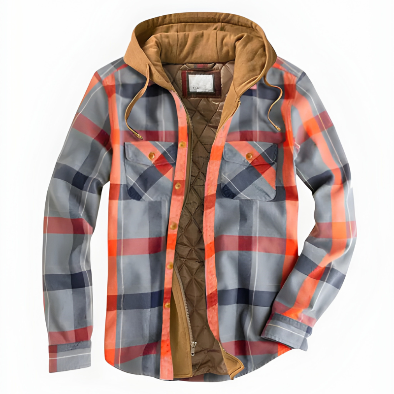 Herren Winterjacke mit Kapuze im Karomuster - grau