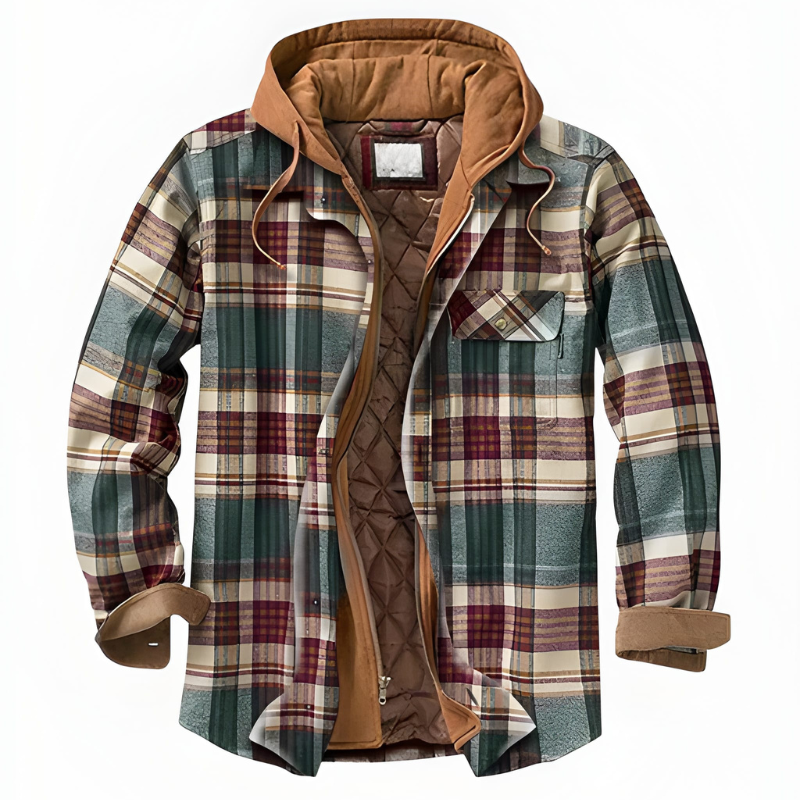 Herren Winterjacke mit Kapuze im Karomuster - dunkel grün
