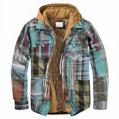 Herren Winterjacke mit Kapuze im Karomuster - grün