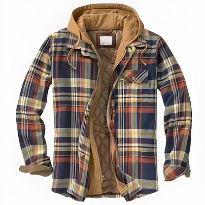 Herren Winterjacke mit Kapuze im Karomuster - blau-orange