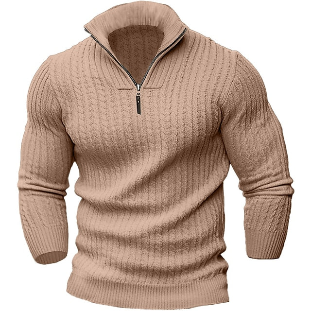 Herren Strickshirt mit Half-Zip-Kragen und Strukturmuster - khaki