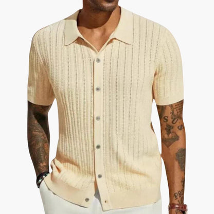 Herren Strickhemd mit kurzen Ärmeln und gerippter Struktur - beige