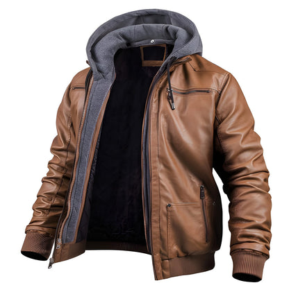 Herren Motorradjacke aus PU-Leder mit Kapuze - braun