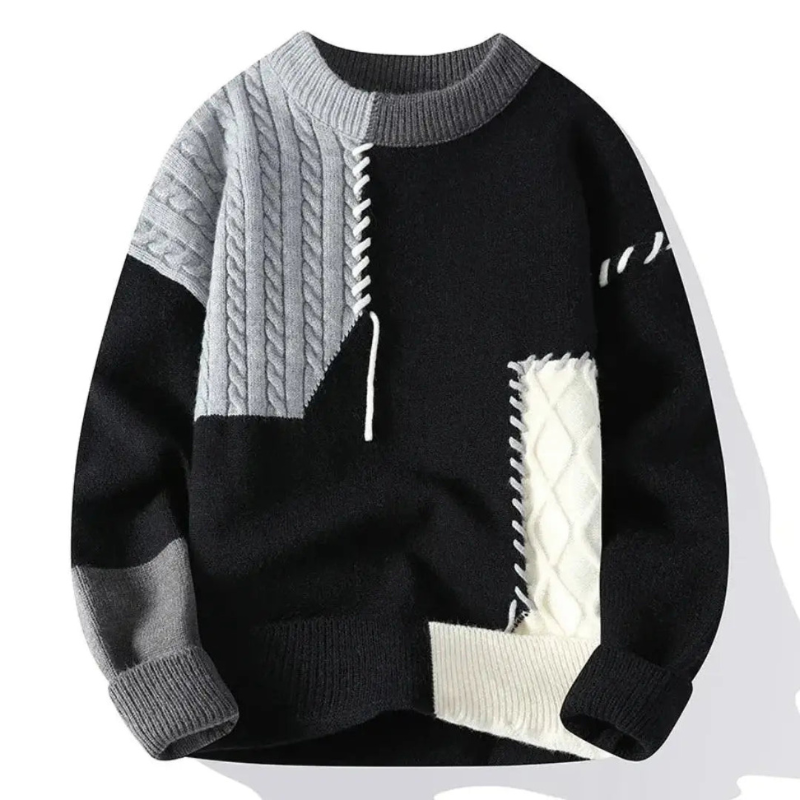 Pullover Herren Strick mit Patchwork Design - grau-weiß