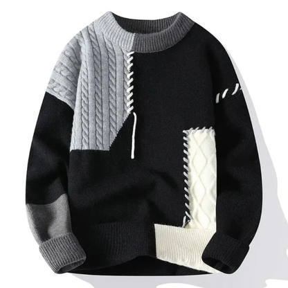 Pullover Herren Strick mit Patchwork Design - grau-weiß