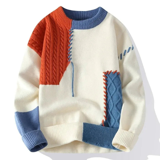 Pullover Herren Strick mit Patchwork Design - orange-blau