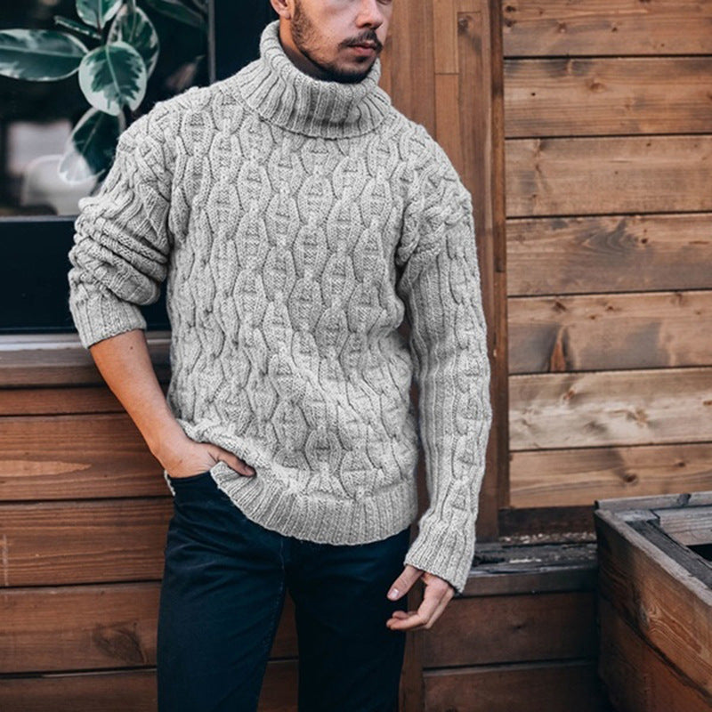 Herren Strickpullover mit hohem Kragen und Grobstrick - grau
