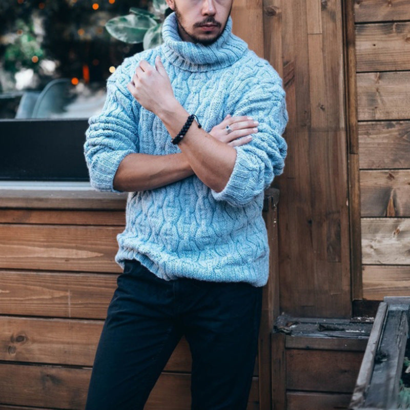 Herren Strickpullover mit hohem Kragen und Grobstrick - blau
