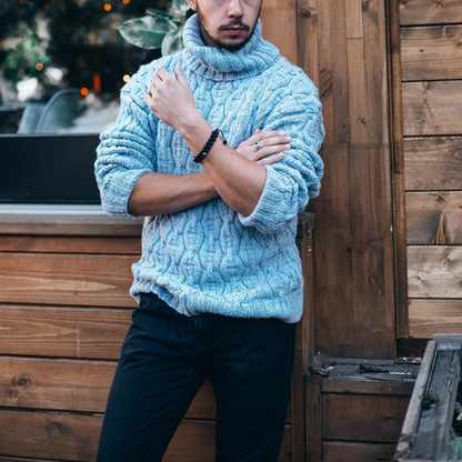 Herren Strickpullover mit hohem Kragen und Grobstrick - blau