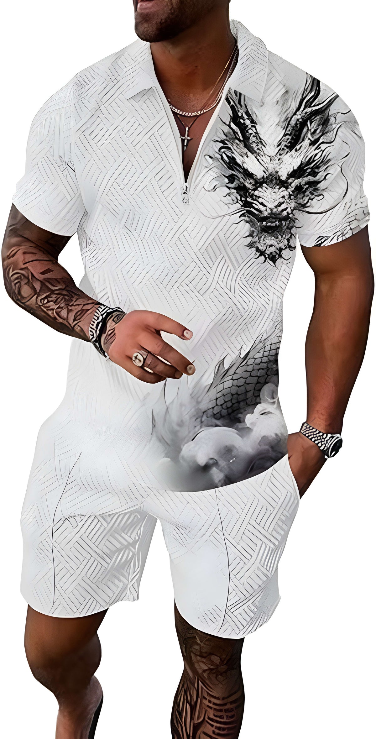 Herren Set aus Poloshirt und Shorts - weißer drache