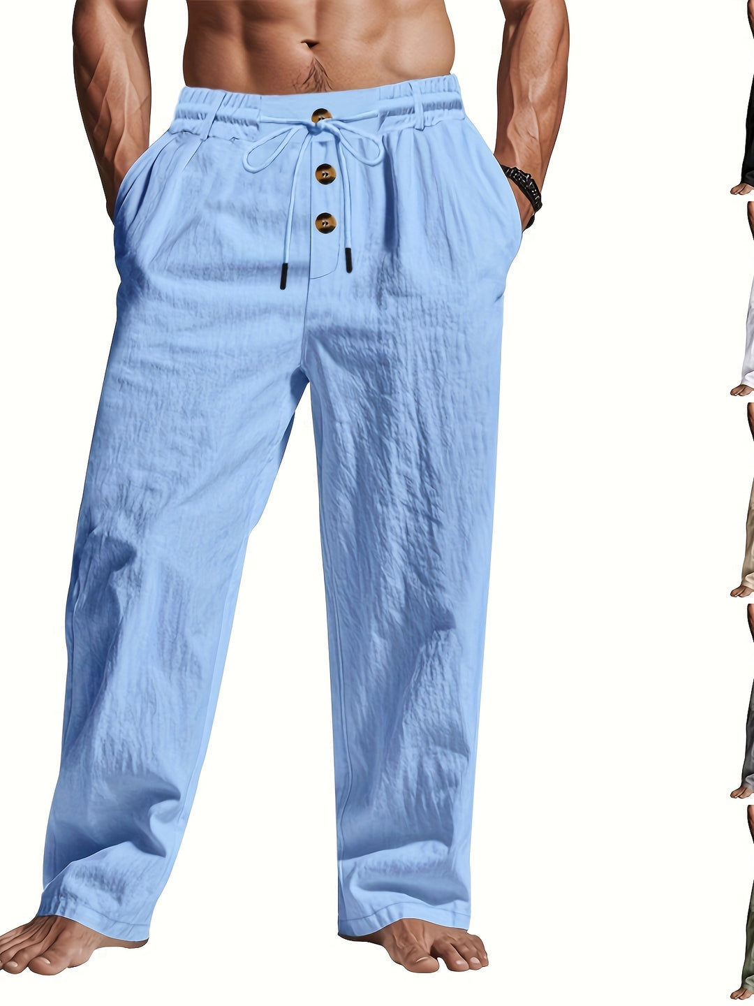 Herren Leinenhose mit Kordelzug und mehreren Knöpfen - blau