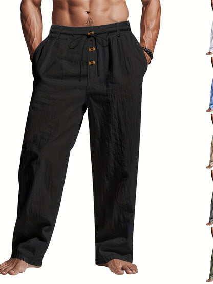 Herren Leinenhose mit Kordelzug und mehreren Knöpfen - schwarz