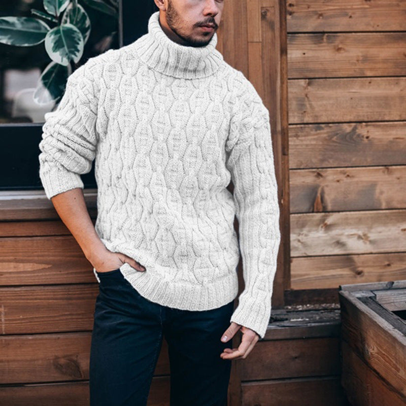 Herren Strickpullover mit hohem Kragen und Grobstrick - weiß