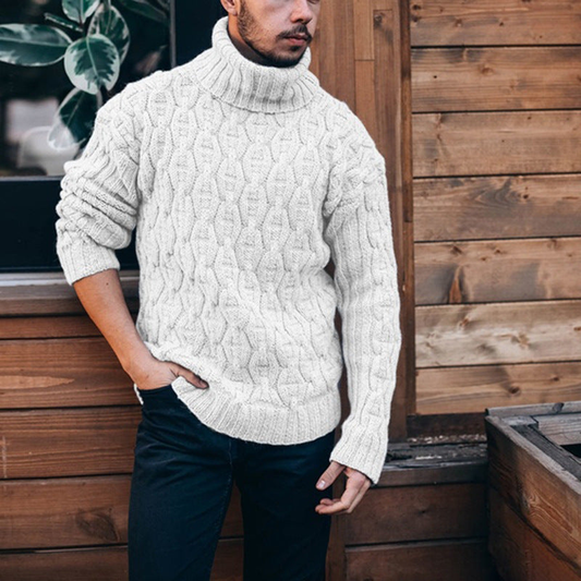 Herren Strickpullover mit hohem Kragen und Grobstrick - weiß