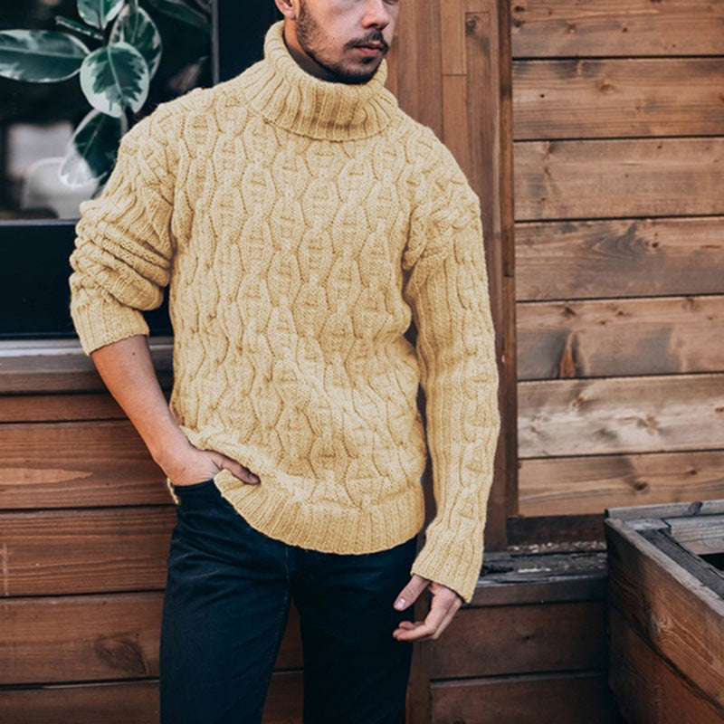 Herren Strickpullover mit hohem Kragen und Grobstrick - hellgelb