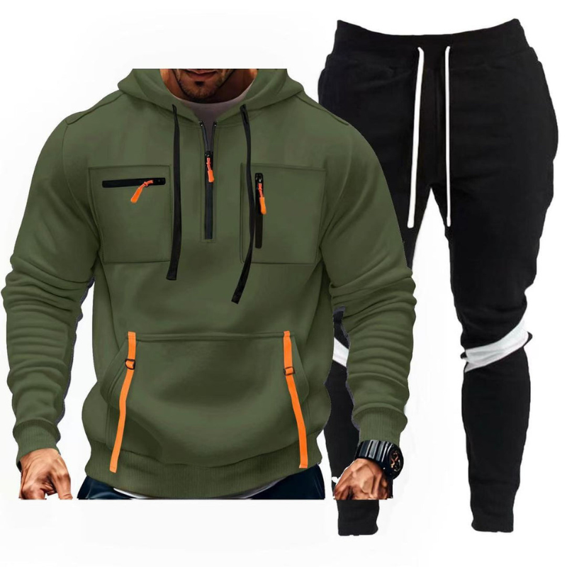 Herren Sportset mit Kapuzenpullover und Jogginghose - olivgrün