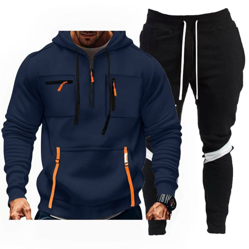 Herren Sportset mit Kapuzenpullover und Jogginghose - marineblau