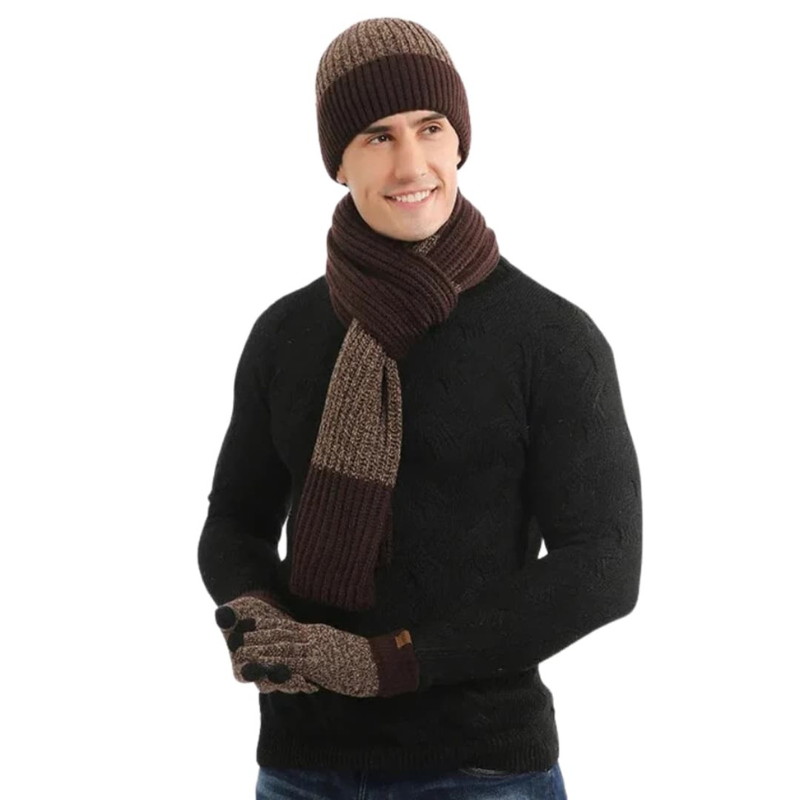 Herren Set mit Mütze, Schal und Handschuhen - braun