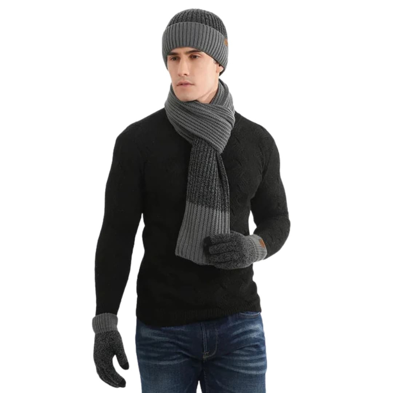Herren Set mit Mütze, Schal und Handschuhen - grau